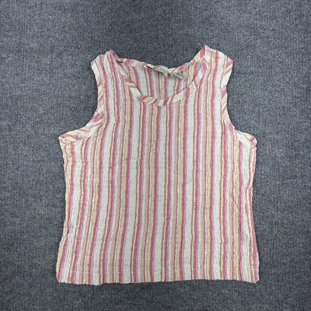 Lemon Grass Tank Top Womens XL Pink Yellow Crinkle Stripe Stretch Basic
